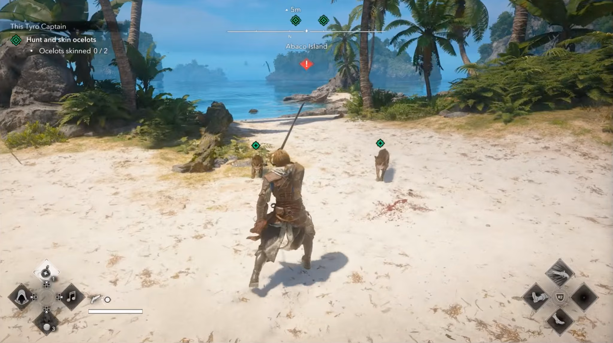 Edward facing two ocelots on Abaco Island in Black Flag resynced