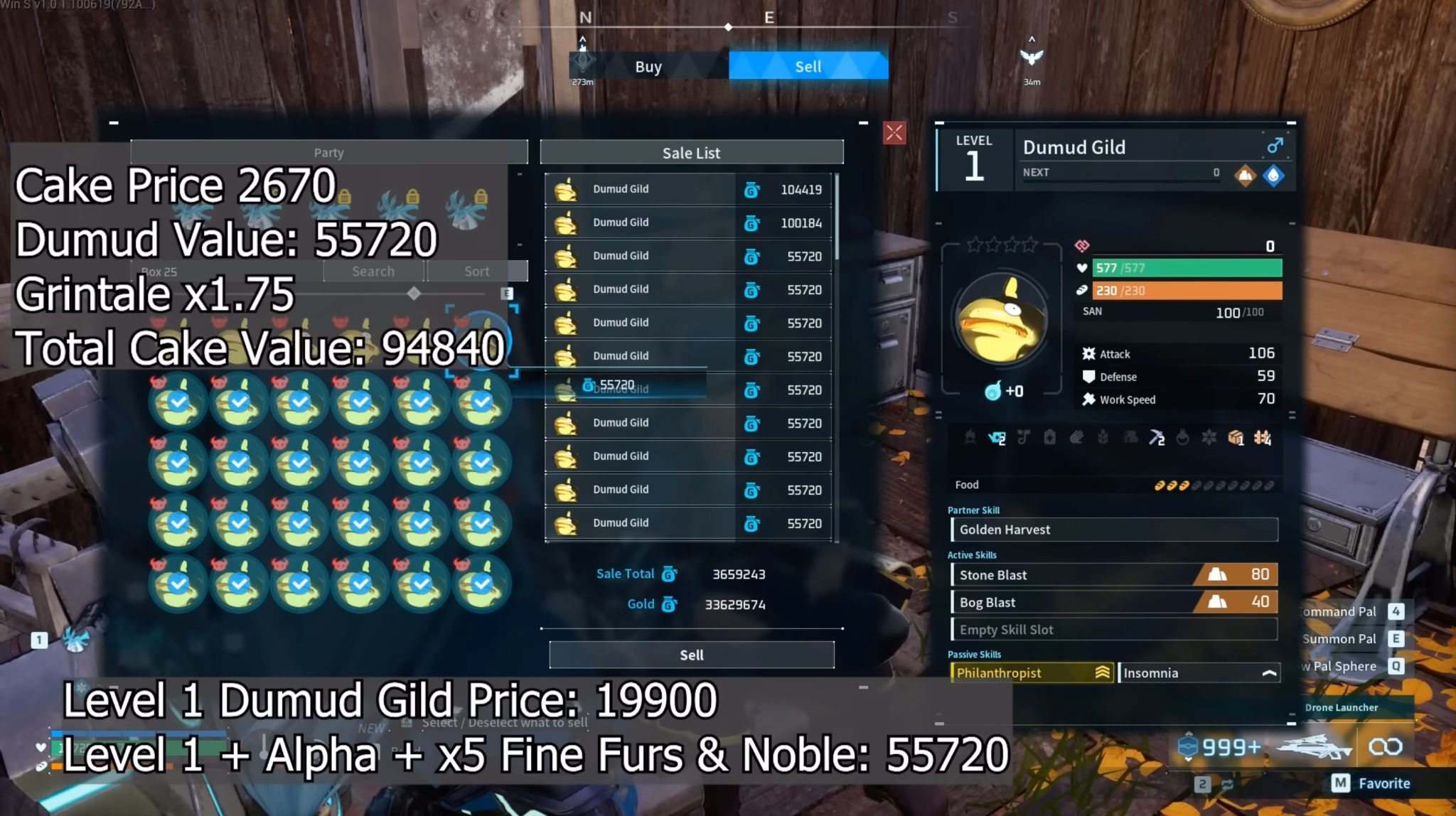 Sale value, Cake cost and merchant-bonus pricing for Dumud Gild