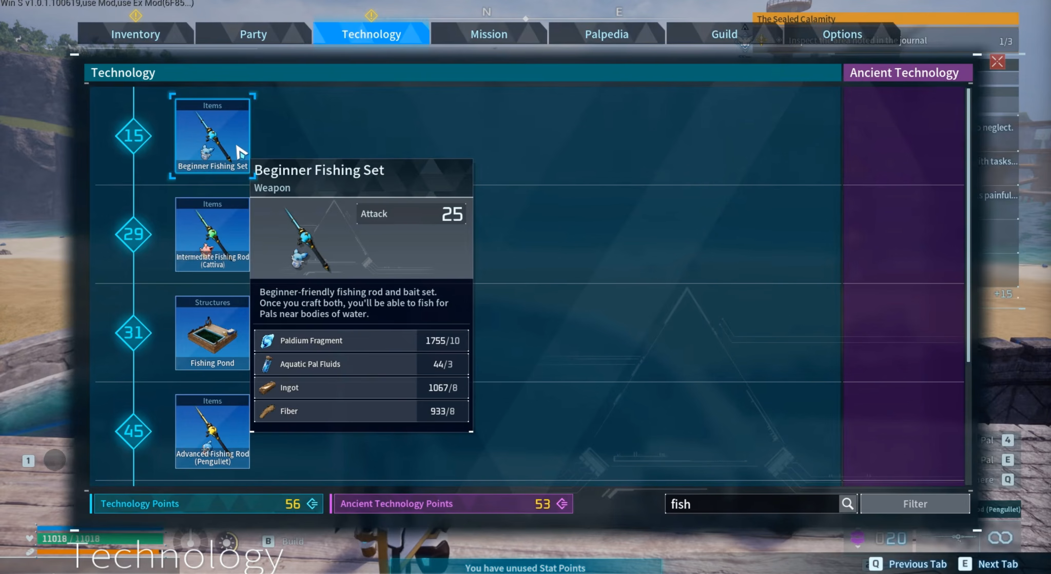 Beginner Fishing Set in the Palworld Technology menu