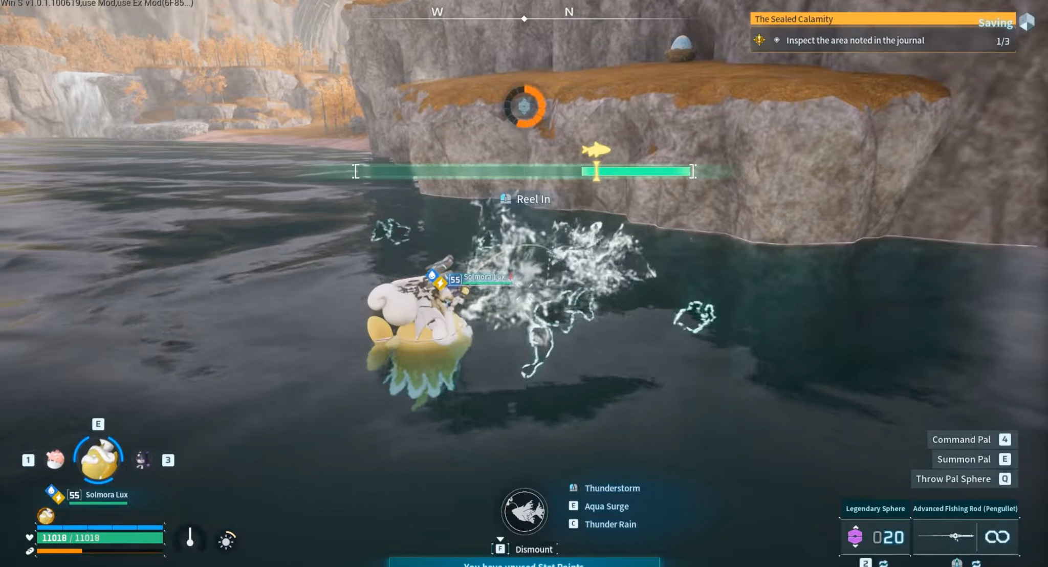 Reeling in a fish during the Palworld fishing minigame