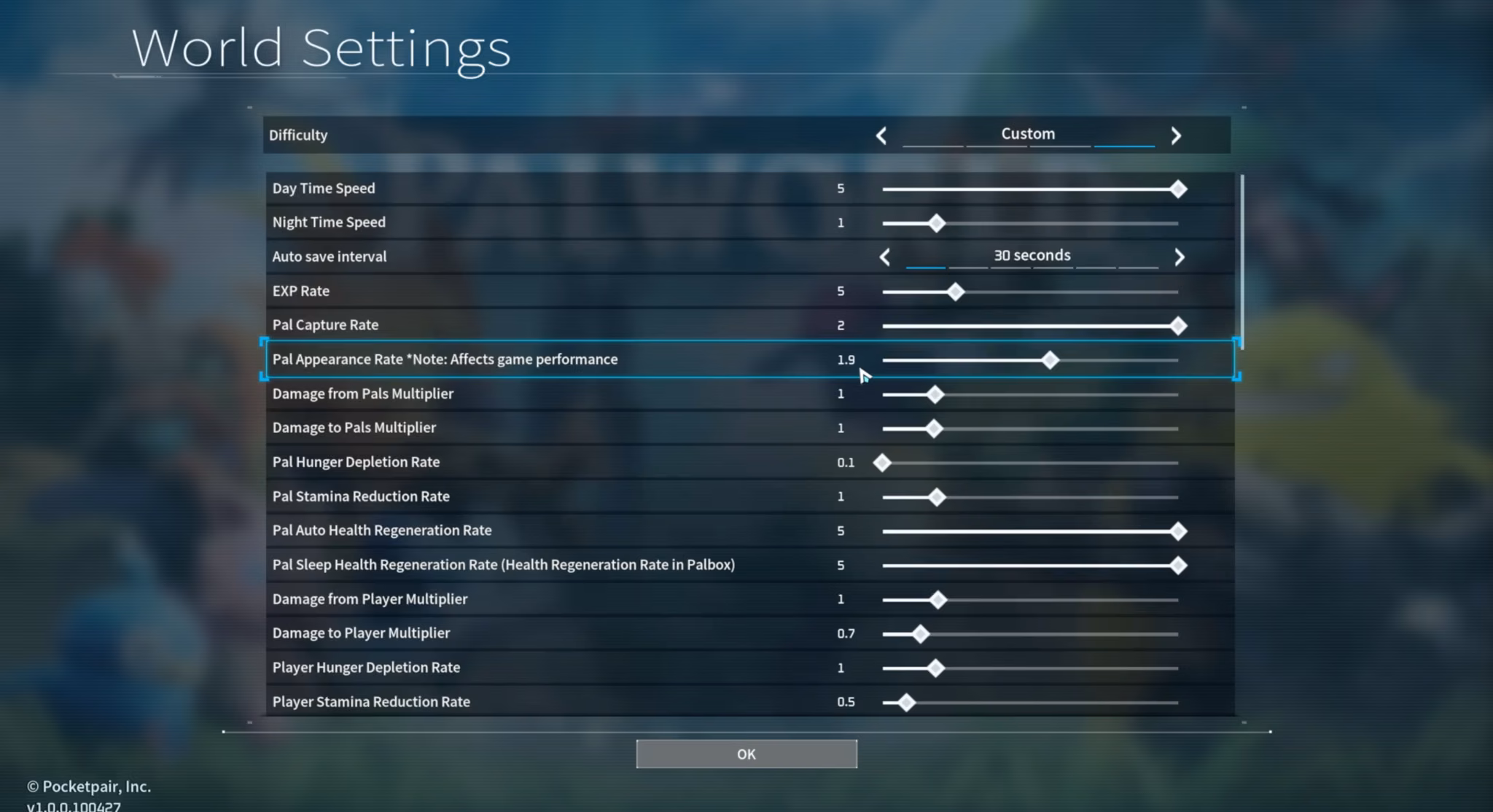 Pal appearance rate settings in Palworld 1.0
